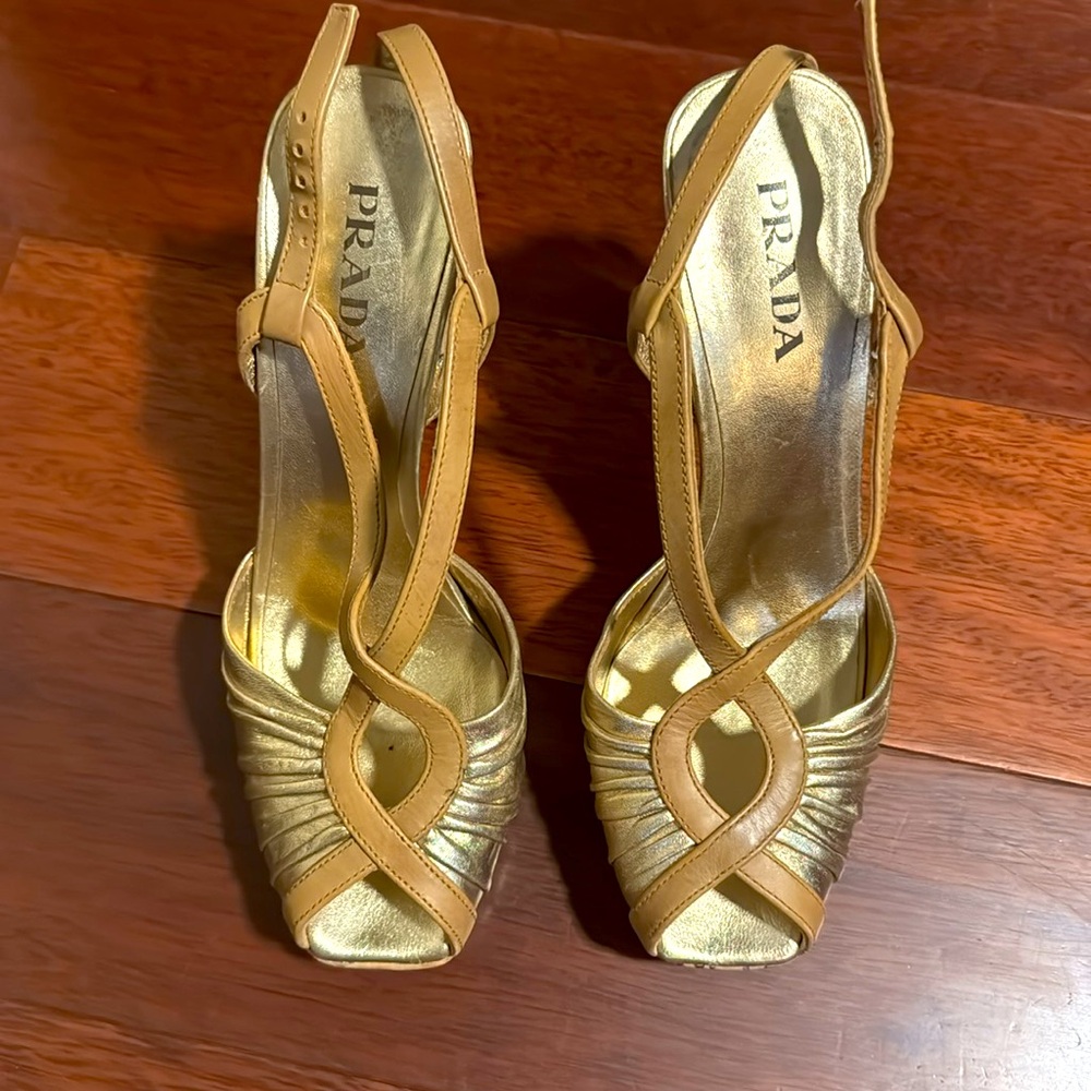 Prada shoes, gold High heel sandals.